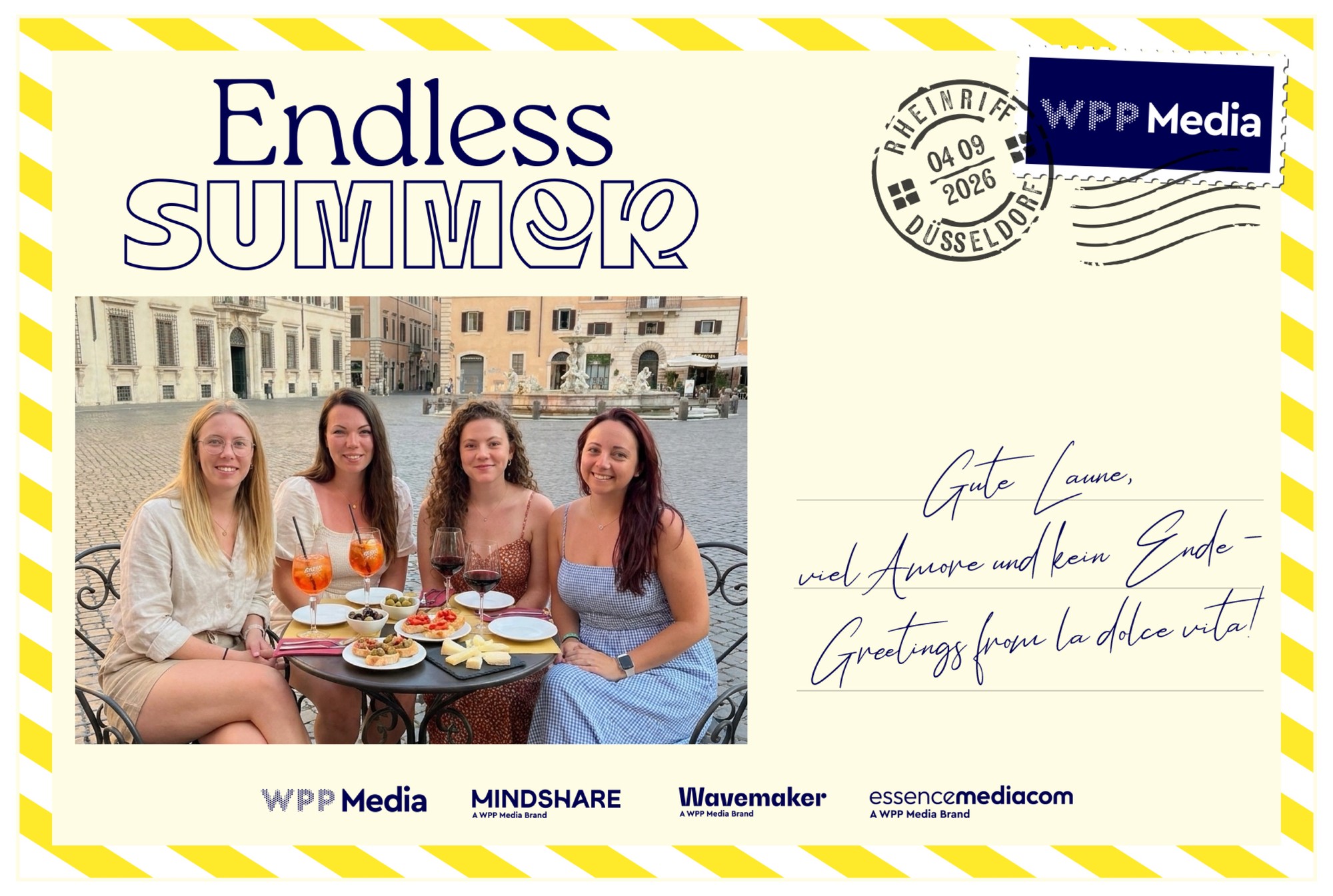WPP-Endless-Summer-Postkarte mit einem KI-generierten Motiv von vier Frauen an einem Tisch und Eventbranding